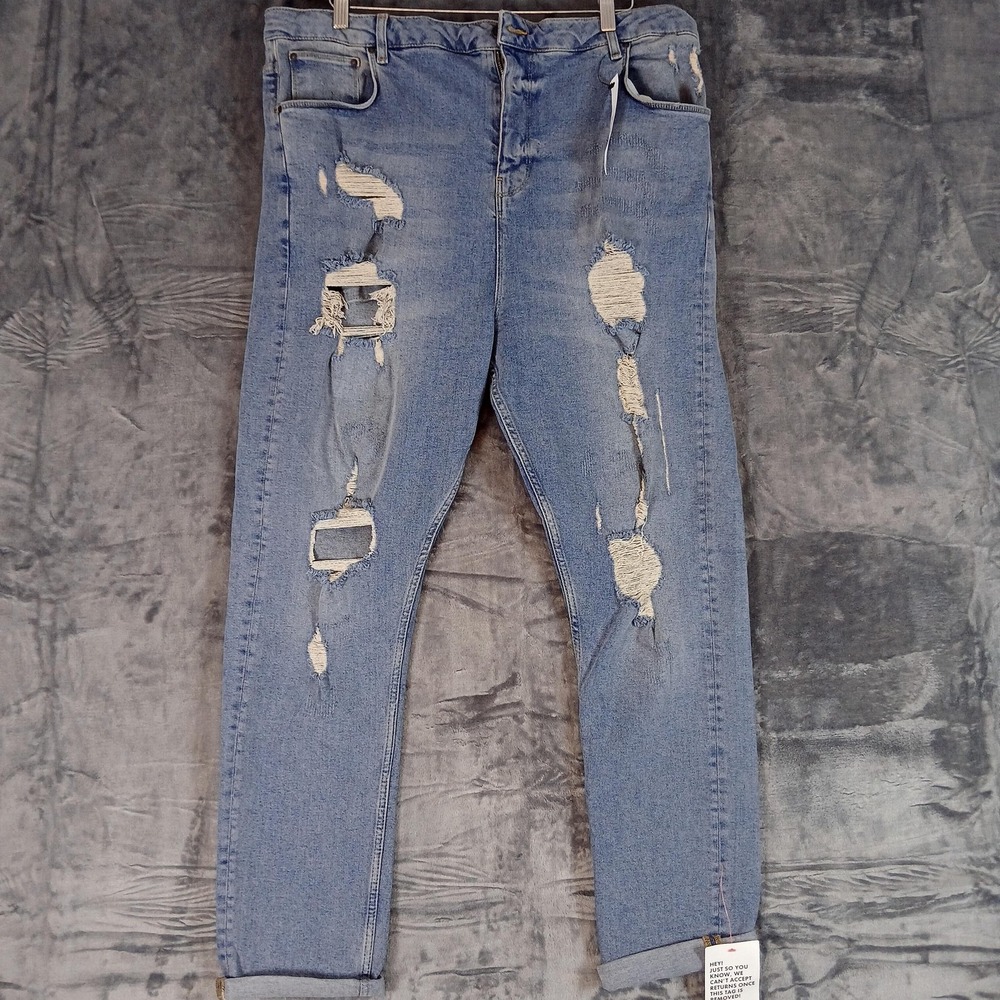 ASOS Design Jeans Mens 38x34 Blue Distressed Ripped Slim Fit Denim Turkey NWT